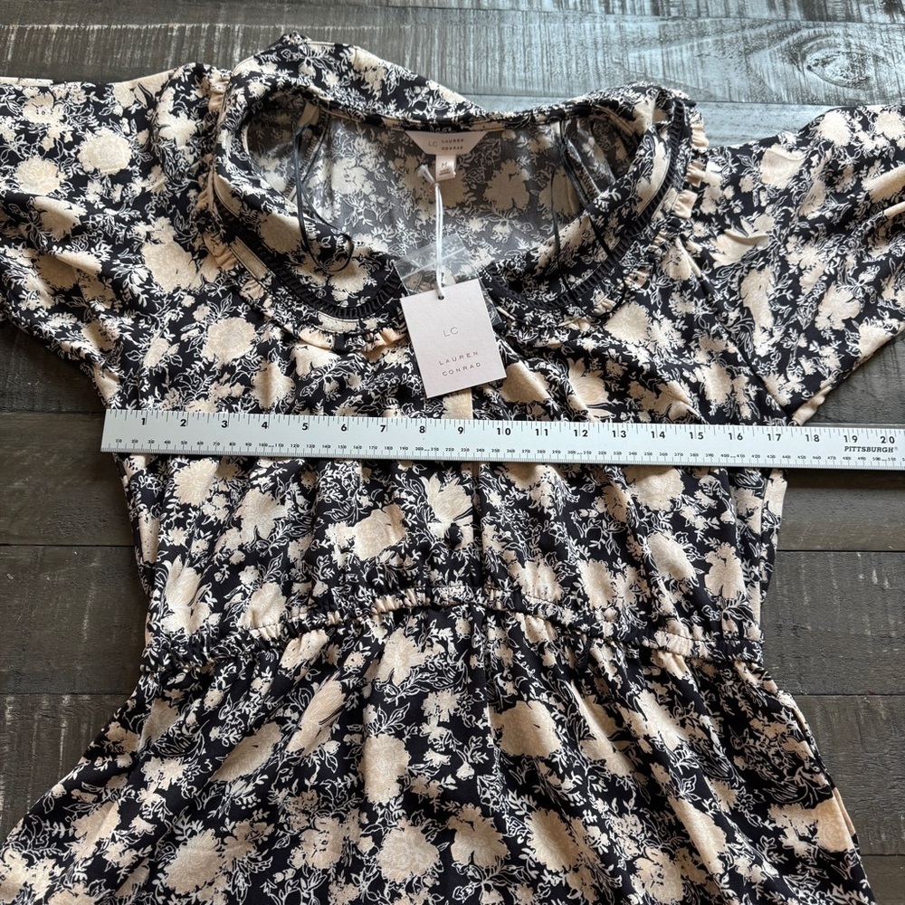 LC Lauren Conrad Ruffle Chiffon Shirt Dress Black Cream Floral Medium NWT - Picture 5 of 10